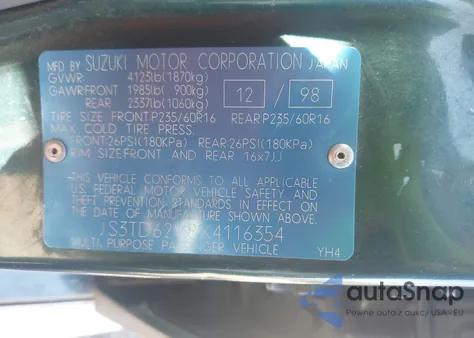 1999 Suzuki Grand Vitara Jlx/Jlx+ from USA, damaged, VIN JS3TD62V8X4116354